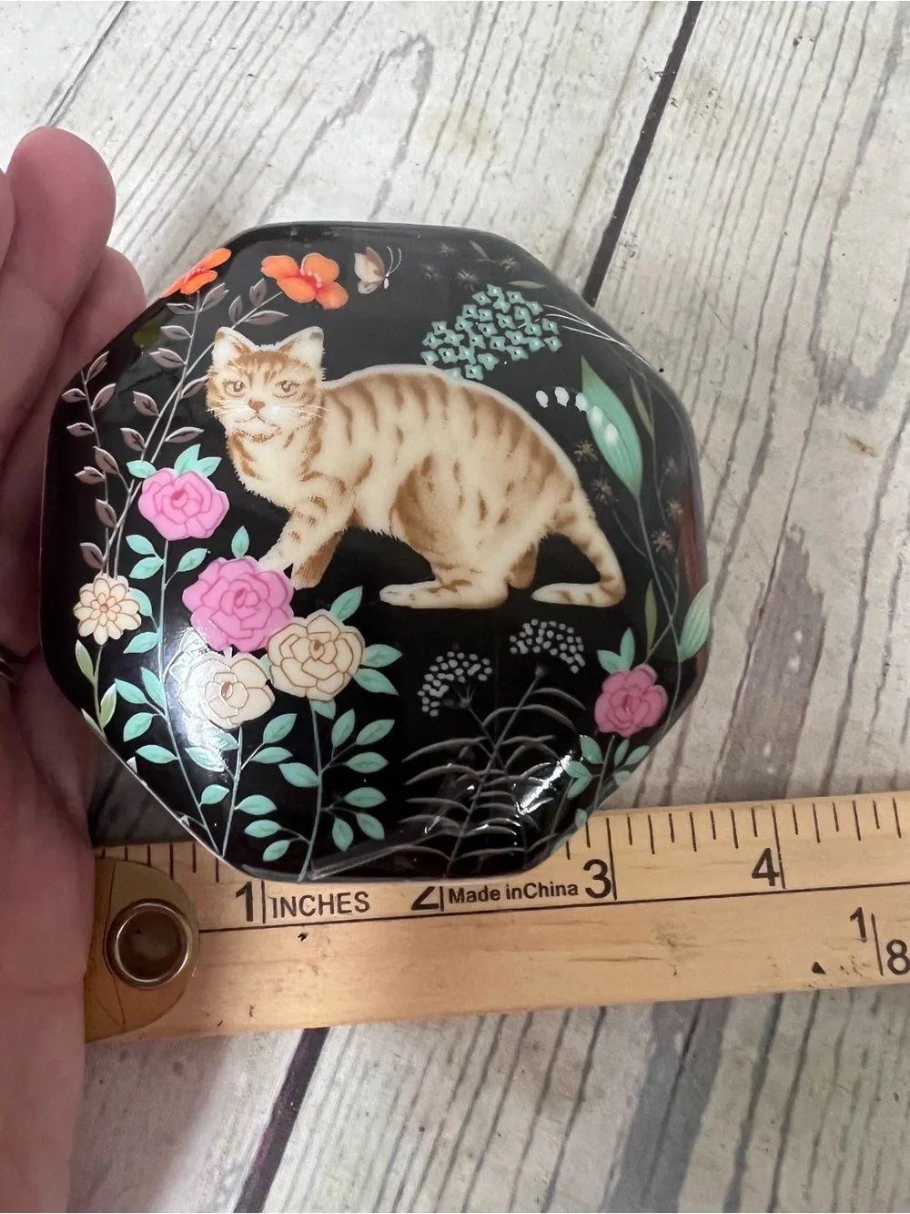 Vintage Orange Tabby Cat Flower Porcelain Octagon Trinket Box Action Made Japan